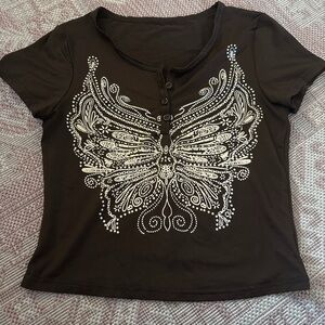 Butterfly Print Brown Top